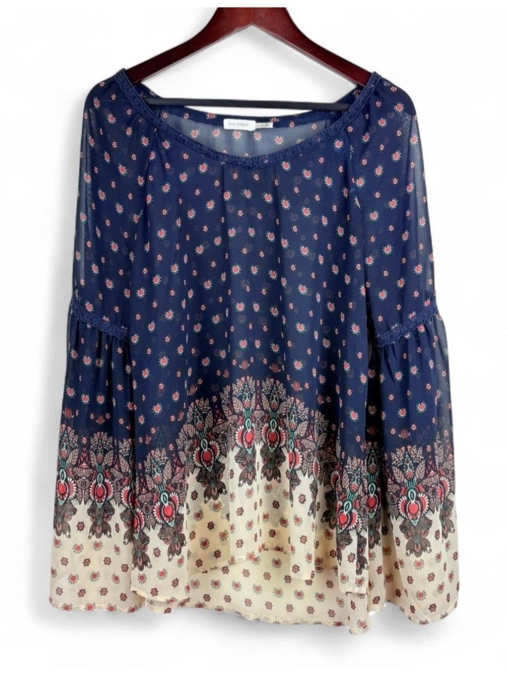 Blu Pepper Bohemian Indie Fairy Whimsy Hippie Navy Patterned Blouse Shirt Large